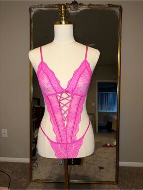 Victoria's Secret Neon Pink Lace Strappy Teddy Bodysuit